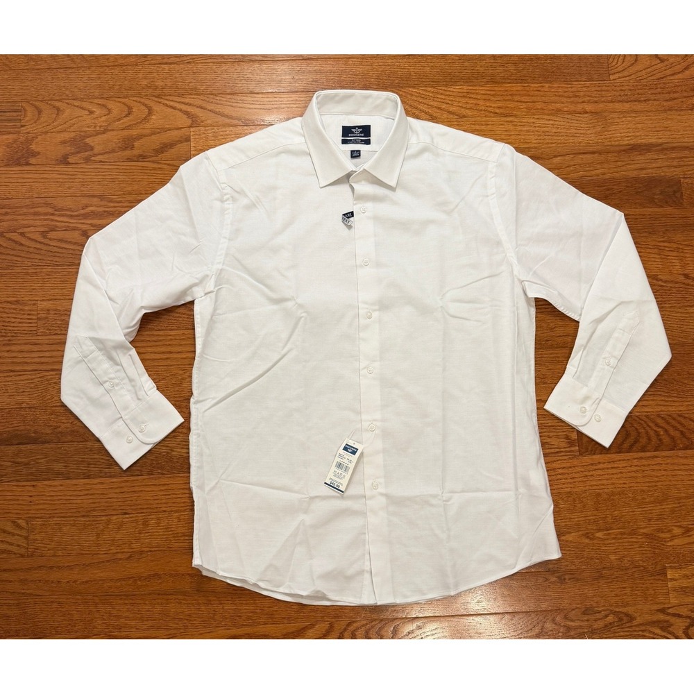 New Dockers Button-Down Dress Shirt Mens Large 16/16.5-32/33 Solid White Fitted